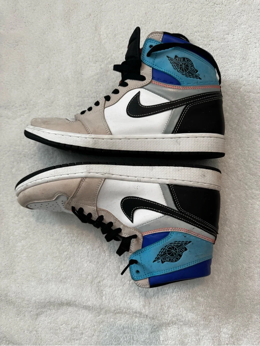 Jordan High-Top Sneakers in White, Gray, Black with Orange Accent